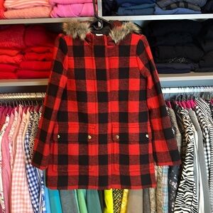 J Crew red and black gingham faux fur hooded 50% wool coat size 2 NWT